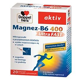 Doppelherz Aktiv, Magnez-B6 Ultra FAST 400 мг, магній, вітаміни B6, В9, В12, швидкозасвоюваний порошок, 20 саше