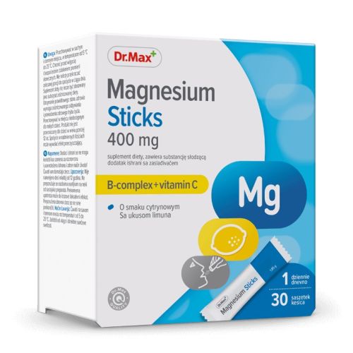 Dr.Max Magnesium Sticks Магній Стік 400 мг, Вітаміни В1, В6, В12, С 30 саше, можна вживати без води, смак лимон