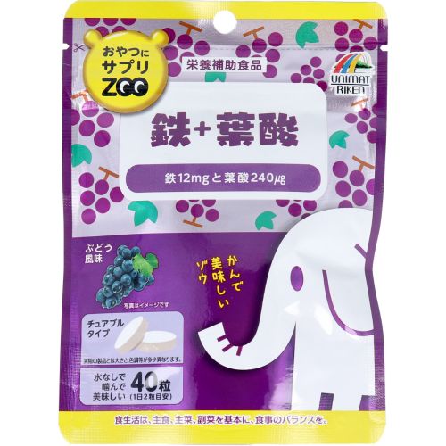 Unimat Riken Snack Supplement ZOO Залізо + Фолієва кислота, жувальні таблетки зі смаком винограду, 40 таб. До 02/2027