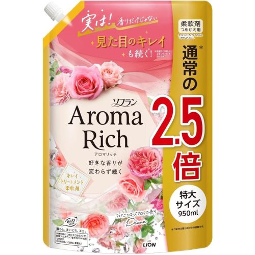 LION Soflan Aroma Rich Diana Парфумований кондиціонер для білизни, аромат троянди, поповнення 950 мл