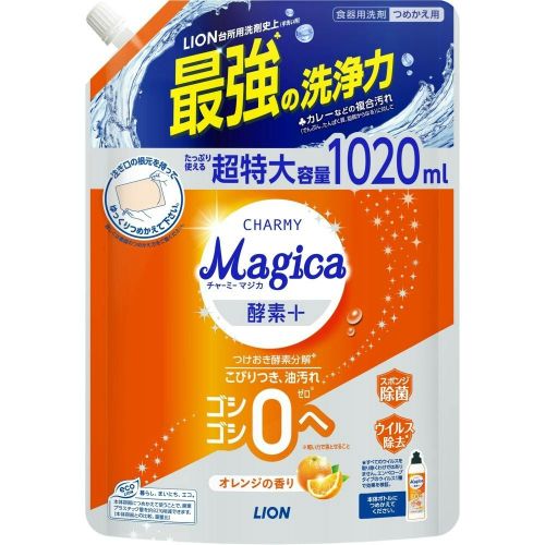 LION Charmy Magica Enzyme+ Засіб для миття посуду з ферментами, аромат апельсина, поповнення 1020 мл