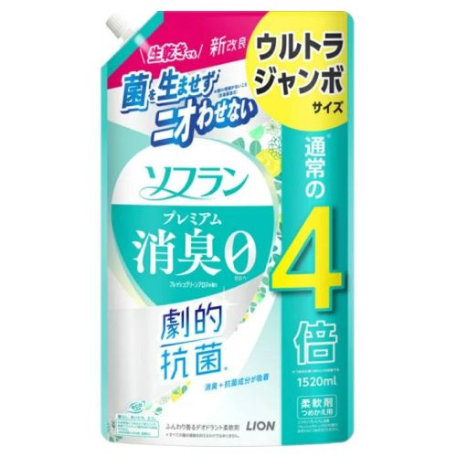 LION Soflan Premium Deodorizer Кондиціонер для білизни, аромат свіжої зелені, поповнення 1520 мл