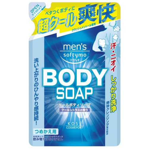 KOSE Mens Softymo Cool Body Soap Чоловіче рідке мило для тіла з ментолом, поповнення 400 мл