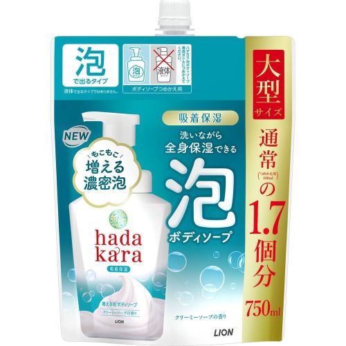 LION Hadakara Foam Зволожуюче пінне мило для тіла, аромат кремового мила, поповнення 750 мл