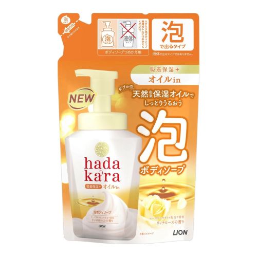 LION Hadakara Foam Пінне мило для тіла з натуральними оліями, аромат троянди, поповнення 420 мл
