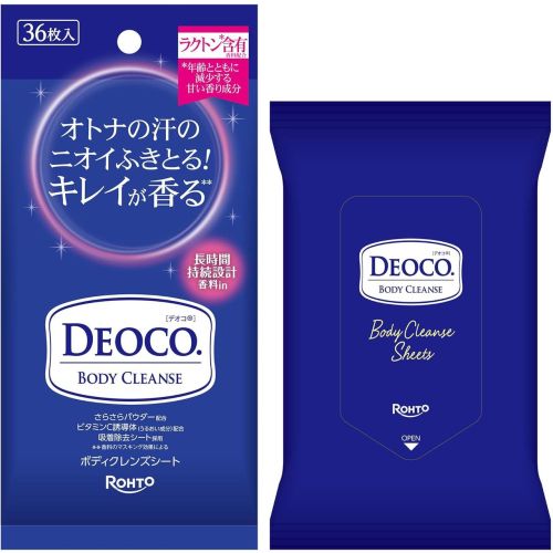 ROHTO Deoco Body Cleanse Sheet Вологі дезодоруючі серветки проти вікового запаху, з лактоном, каоліном, квітковий, 36 шт