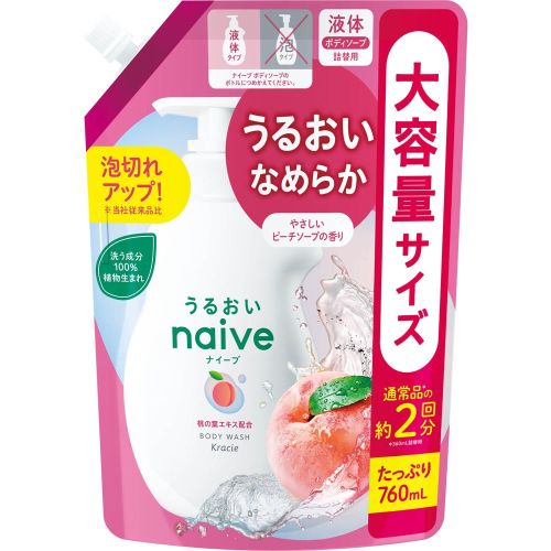 Kracie Naive Body Soap Рeach Рідке мило для тіла з екстрактом листя персика, поповнення 760 мл