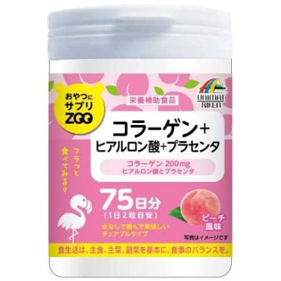 Unimat Riken Zoo Колаген, плацента, гіалуронова кислота, жувальні таблетки, смак персика, 150 шт на 75 днів