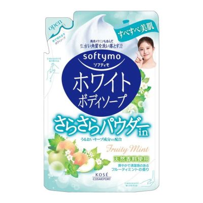 KOSE Softymo White Body Soap Рідке мило для тіла з пудрою, аромат фруктова м’ята, змінний блок 420 мл