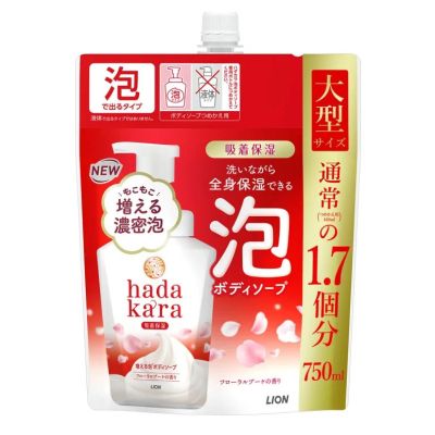 LION Hadakara Foam Зволожувальне пінне мило для тіла, квітковий букет, змінний блок 750 мл