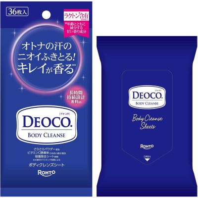 ROHTO Deoco Body Cleanse Sheet Вологі дезодорувальні серветки від вікового запаху з лактоном і каоліном, квітковий аромат, 36 шт