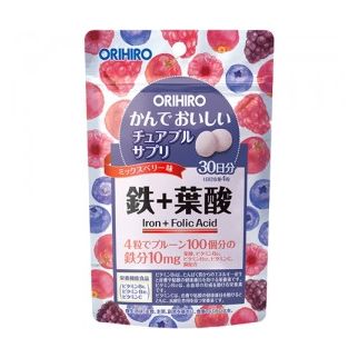 Orihiro залізо, мідь, вітаміни B6, B12, фолієва кислота, вітамін С, 120 жувальних таблеток зі смаком ягід