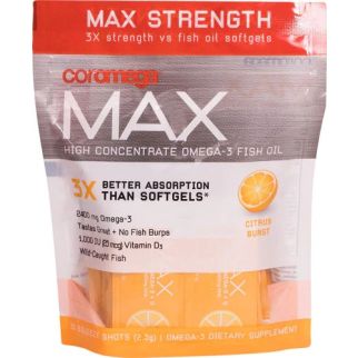 Coromega Max High Concentrate Omega-3 Fish Oil Squeeze Shots Citrus Burst смачна Омега-3, 30 стіків