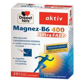 Doppelherz Aktiv, Magnez-B6 Ultra FAST 400 мг, магній, вітаміни B6, В9, В12, швидкозасвоюваний порошок, 20 саше